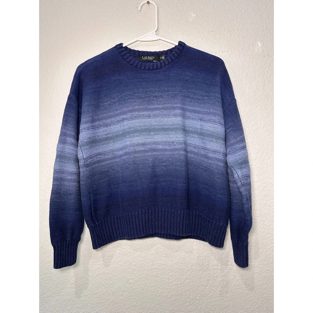 Lauren‎ Ralph Lauren Blue Ombre Gradient Cotton Linen Knit Sweater Womens SP